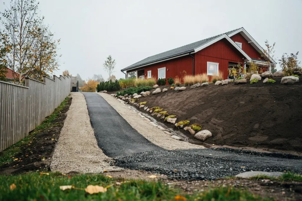 planera uppfart med asfalt och grus p sluttande tomt